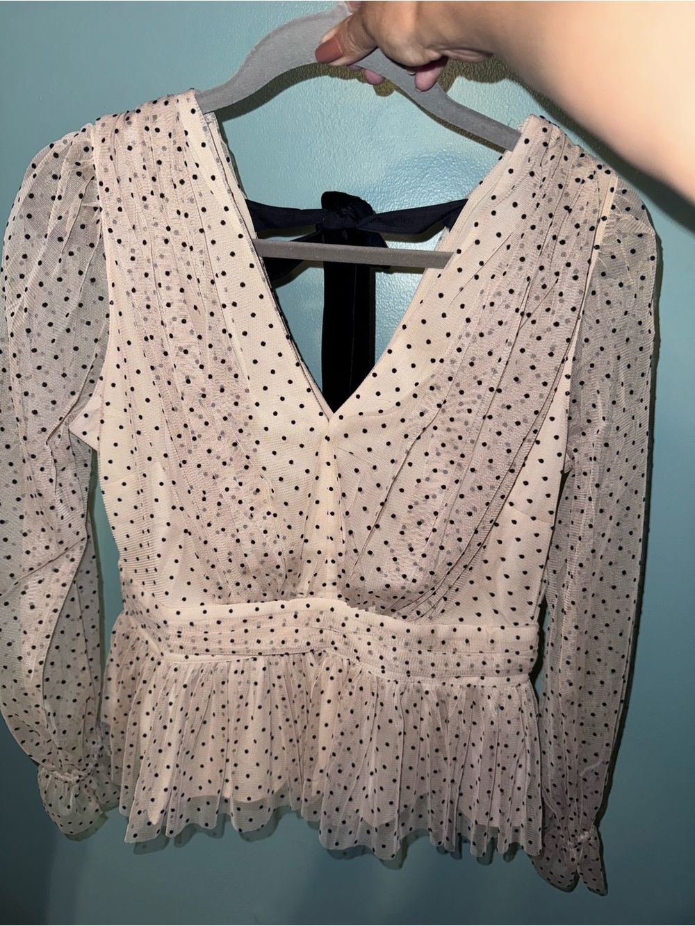 NWT LOFT Velvet Dot Tulle Tie Back Peplum Blouse Size 4